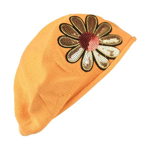 Landana Headscarves Cotton Ladies Beret with Large Gold & Red Flower