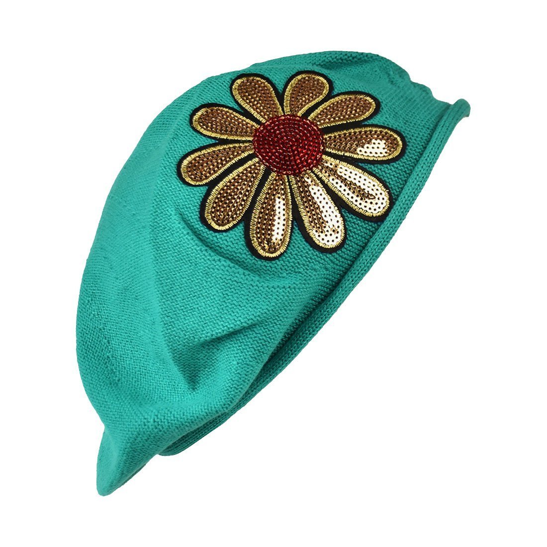 Landana Headscarves Cotton Ladies Beret with Large Gold & Red Flower