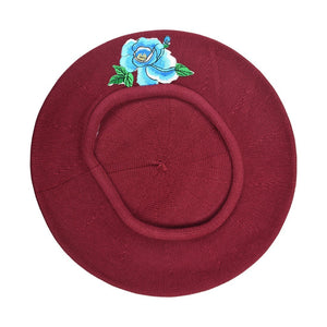 Blue Flower with Leaves Applique on Cotton Beret Womens Head Cover - Blue