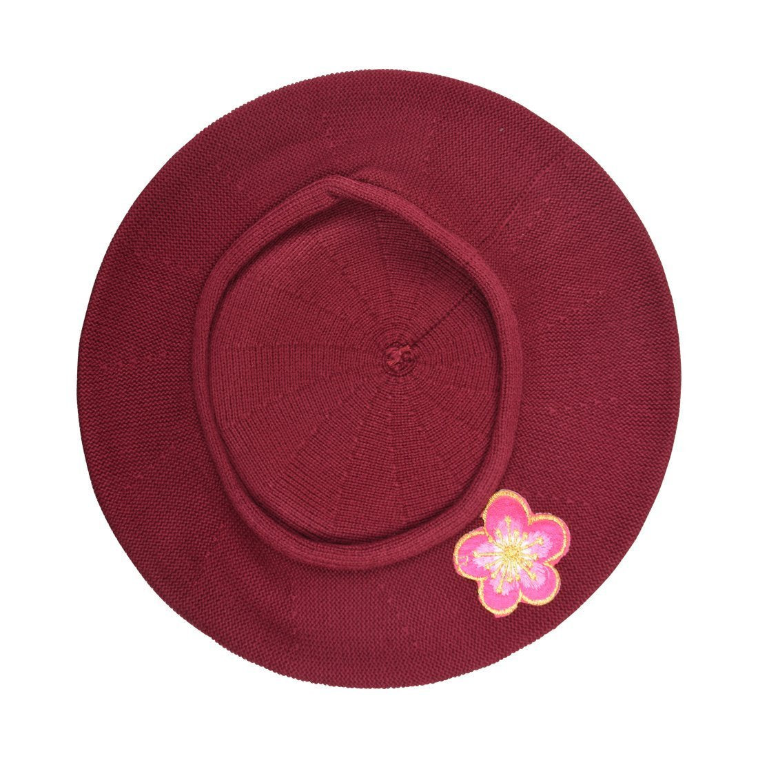 Pink and Gold Flower Applique on Cotton Beret Womens Head Cover - Blue