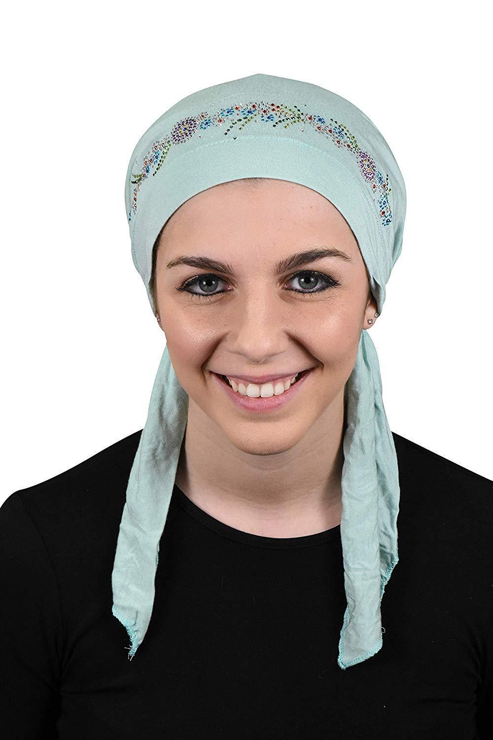 Pretied Headscarf Chemo Cap Modesty with Rhinestone Floral Band