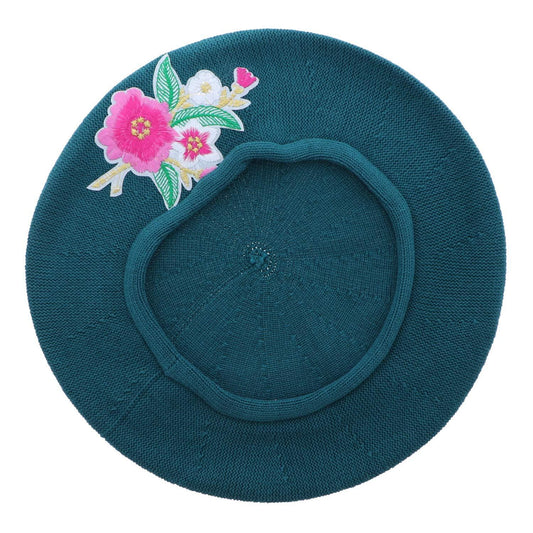 Landana Headscarves Blue 100% Cotton Beret French Ladies Hat with Pink Flower Bouquet