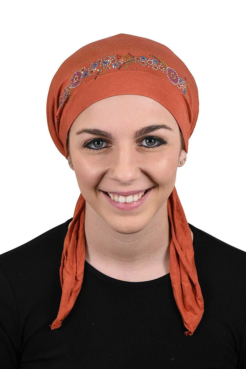 Pretied Headscarf Chemo Cap Modesty with Rhinestone Floral Band