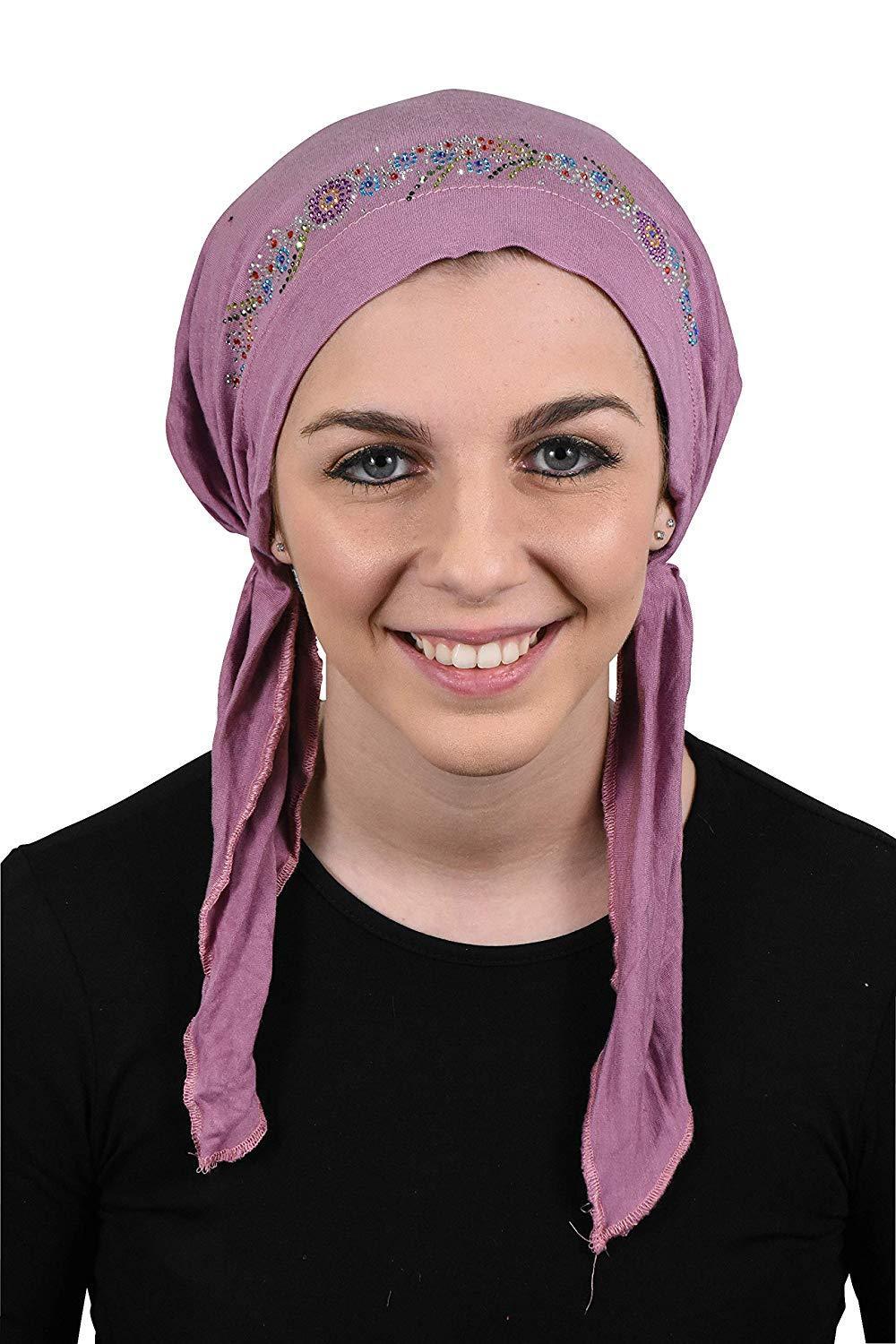 Pretied Headscarf Chemo Cap Modesty with Rhinestone Floral Band