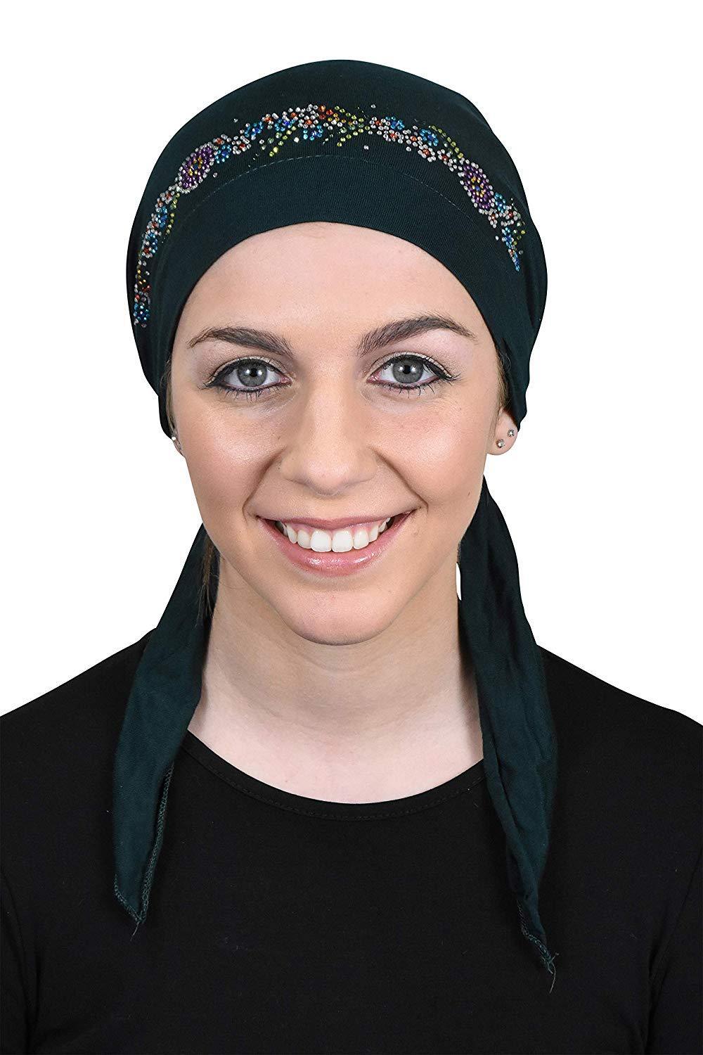 Pretied Headscarf Chemo Cap Modesty with Rhinestone Floral Band