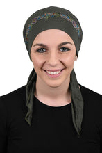 Load image into Gallery viewer, Pretied Headscarf Chemo Cap Modesty with Rhinestone Floral Band