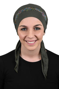 Pretied Headscarf Chemo Cap Modesty with Rhinestone Floral Band