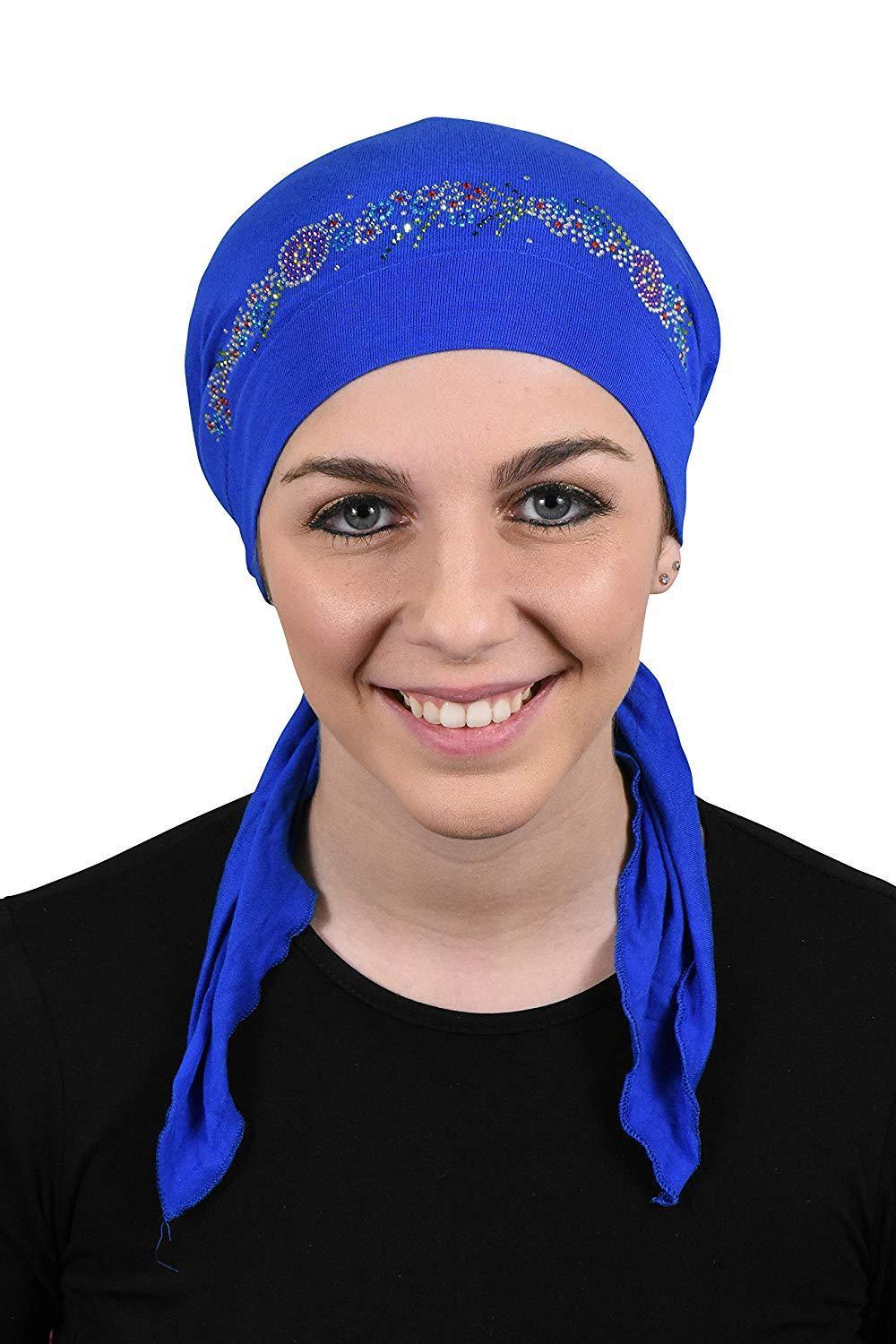 Pretied Headscarf Chemo Cap Modesty with Rhinestone Floral Band