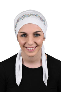 Pretied Headscarf Chemo Cap Modesty with Rhinestone Floral Band