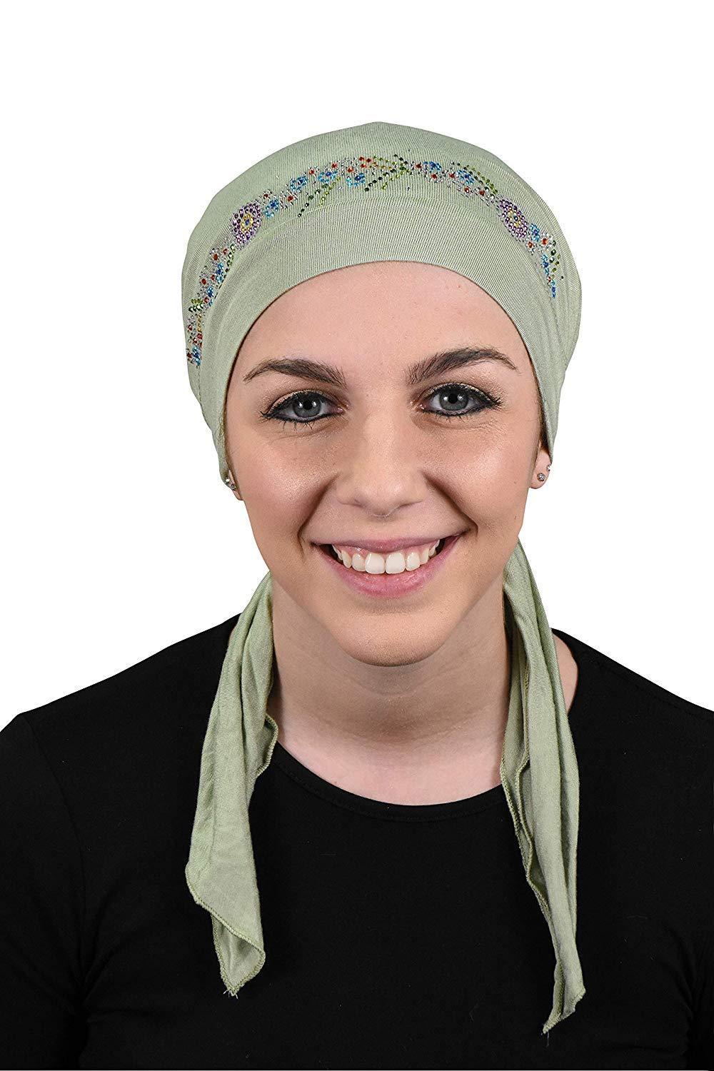 Pretied Headscarf Chemo Cap Modesty with Rhinestone Floral Band