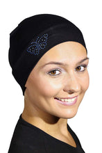 Load image into Gallery viewer, Landana Headscarves Blue Stud Butterfly Chemo Sleep Cap Beanie