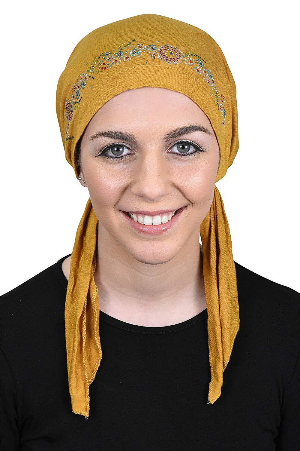 Pretied Headscarf Chemo Cap Modesty with Rhinestone Floral Band