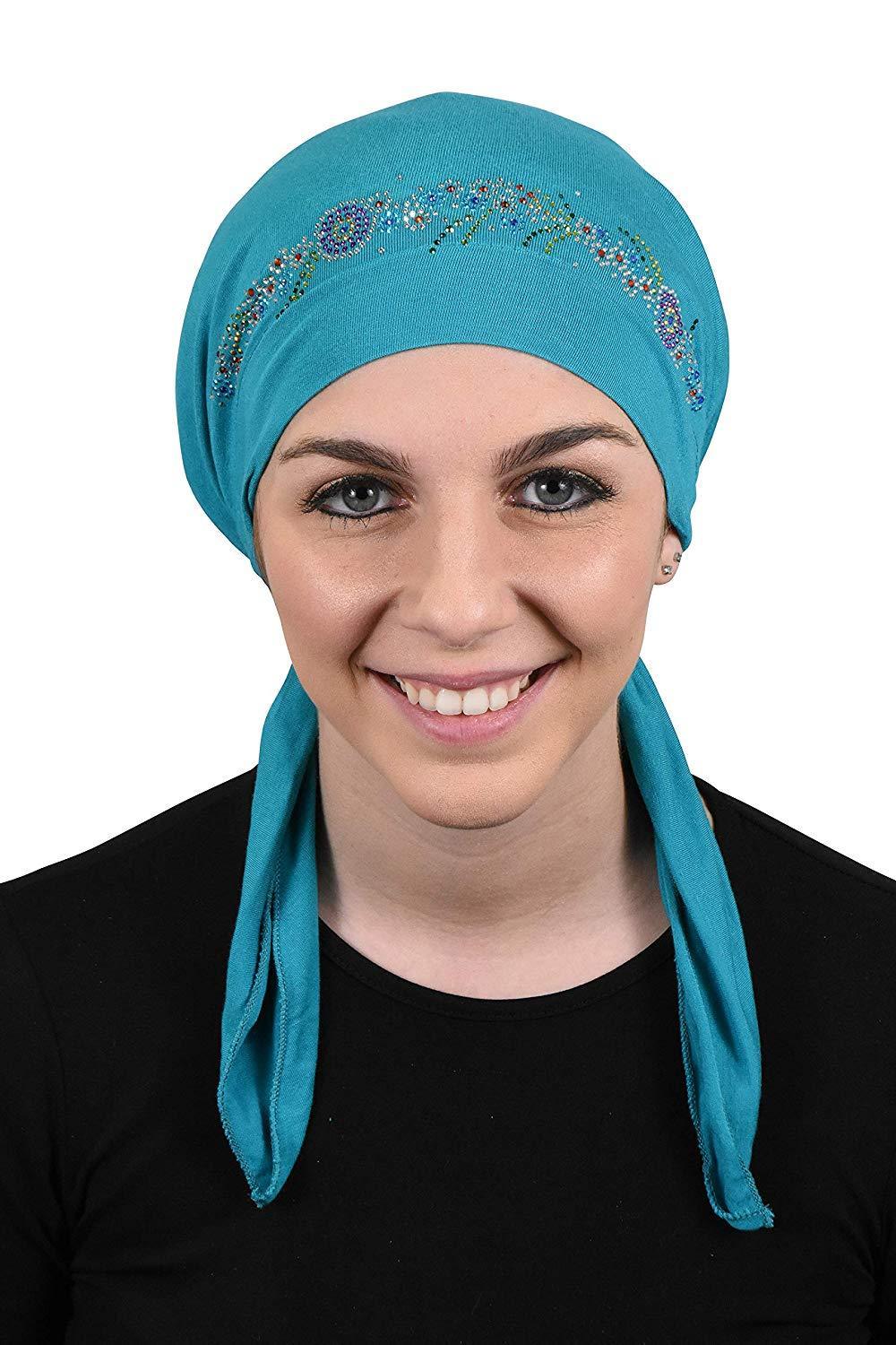 Pretied Headscarf Chemo Cap Modesty with Rhinestone Floral Band