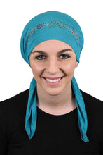 Load image into Gallery viewer, Pretied Headscarf Chemo Cap Modesty with Rhinestone Floral Band