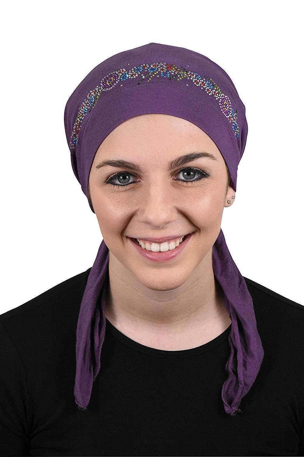 Pretied Headscarf Chemo Cap Modesty with Rhinestone Floral Band