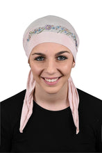 Load image into Gallery viewer, Pretied Headscarf Chemo Cap Modesty with Rhinestone Floral Band