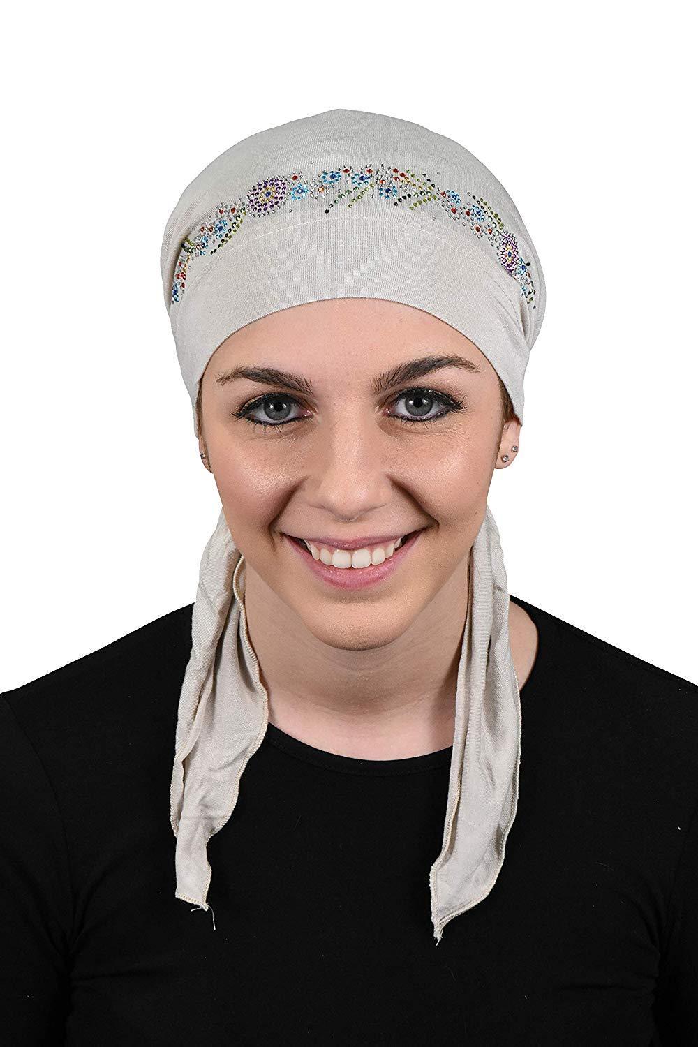 Pretied Headscarf Chemo Cap Modesty with Rhinestone Floral Band